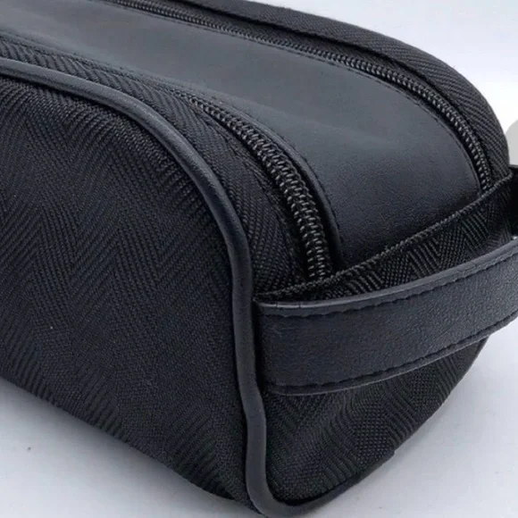 BVLGARI Black Herringbone Nylon/Leather Travel Case Cosmetic Bag Dopp Kit Italy - Picture 4 of 10